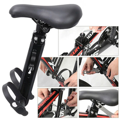 Child bike seat mounted on a bicycle, with four small inset photos showing step-by-step installation on a bike frame