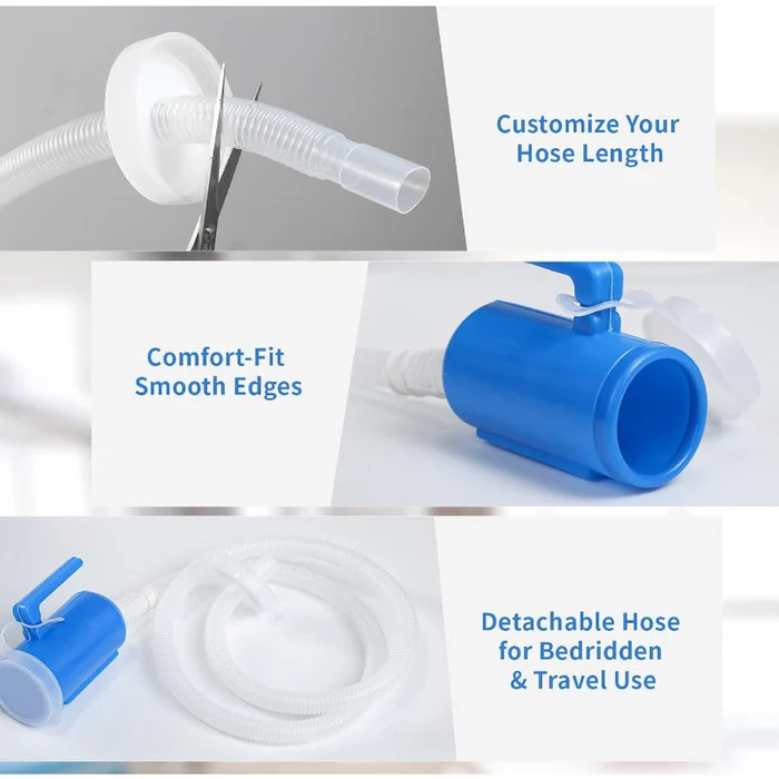 Detachable Hose - Three feature panels: scissors cutting a flexible hose, a blue container with a smooth edge, and a detached coiled hose with the blue container.