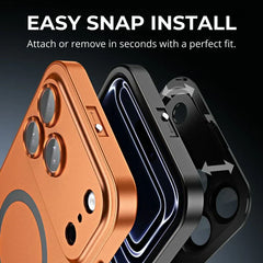 Magsafe Case - Close-up of an orange phone case being installed over a black phone, with install instructions and two-way arrows shown.