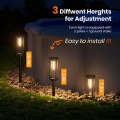 Solar Pathway Lights - Three solar path lights of different heights are installed along gravel edging by a pool, with height labels and installation text.