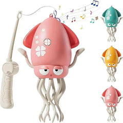 Dancing Octopus Musical Toy - Pink dancing squid toy with handheld controller on white background, plus teal, orange, pink color variants, with musical note graphics