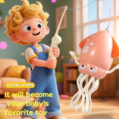 Dancing Octopus Musical Toy - Child holding a fishing rod-style controller with a peach electric octopus toy hanging from the line, in a living room.