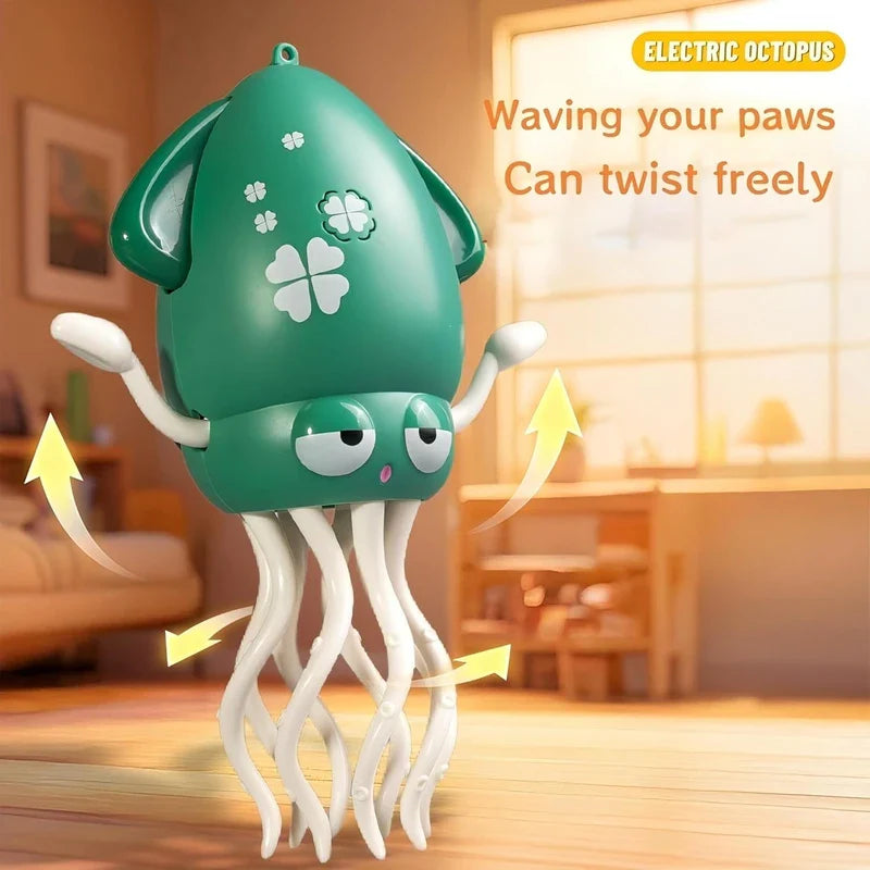 Dancing Octopus Musical Toy - Green electric octopus toy, showing movable twisting arms and tentacles, in a lit indoor room setting.