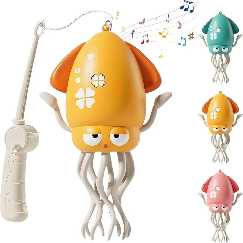 Dancing Octopus Musical Toy - Yellow toy with attached pull wand, shown alongside teal, yellow, and pink color variants with floating music note graphics