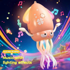 Dancing Octopus Musical Toy - Peach colored electric octopus toy, surrounded by illustrated music notes and stars, highlighting light and sound features.