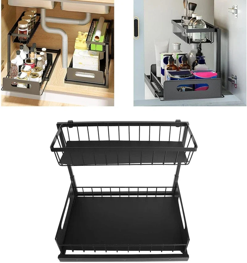 Show the under sink organizer usage scenarios in kitchen and bathroom cabinet with product view