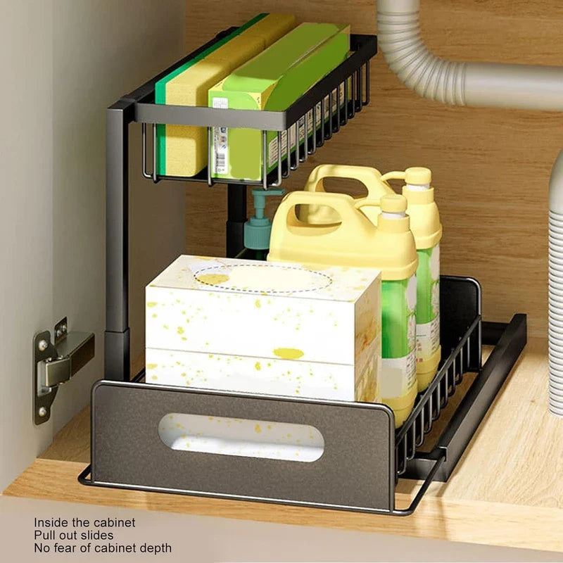 2 tier pull out under sink shelf storing cleaning supplies inside kitchen sink cabinet