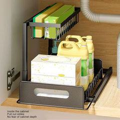 2 tier pull out under sink shelf storing cleaning supplies inside kitchen sink cabinet