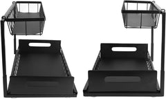 Two identical black 2 tier under sink storage racks displayed at different side angles