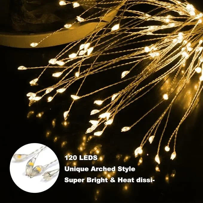 feenlichter - Nahaufnahme von leuchtenden warmen LED-Lichterkettensträngen, mit einem kleinen Einsatzbild von klaren, gewölbten LED-Glühbirnen.