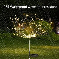 feenlichter - Solarbetriebene Garten-Feenlichter in Form eines leuchtenden Strahlenbüschels sitzen während Regens auf einem Rasen.