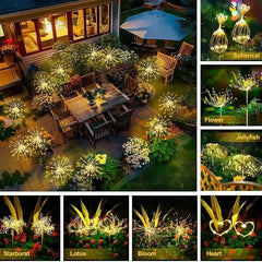 feenlichter - Mehrere solarbetriebene Garten-Feenlichter werden gezeigt, mit Darstellungen von 7 verschiedenen Formstilen, darunter Sternenexplosion, Blume und Herz.