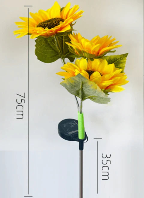 Sunflower Garden Lights - Stake-mounted light with three flower heads, marked with 75cm total height and 35cm stake length