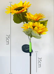 Sunflower Garden Lights - Stake-mounted light with three flower heads, marked with 75cm total height and 35cm stake length