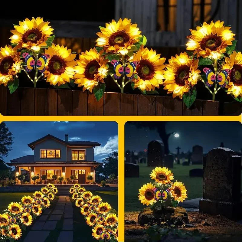 Sunflower Garden Lights - Collage showing close-up of lit sunflower lights with butterfly accents, plus them lining a walkway and placed at a grave site