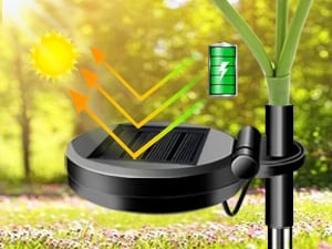 Sunflower Garden Lights - Close-up of a solar panel on a garden light with sun shining to it, charging a built-in rechargeable battery