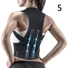 Posture Corrector - Woman wearing S size back posture brace with blue arrows showing upward support, viewed from the back