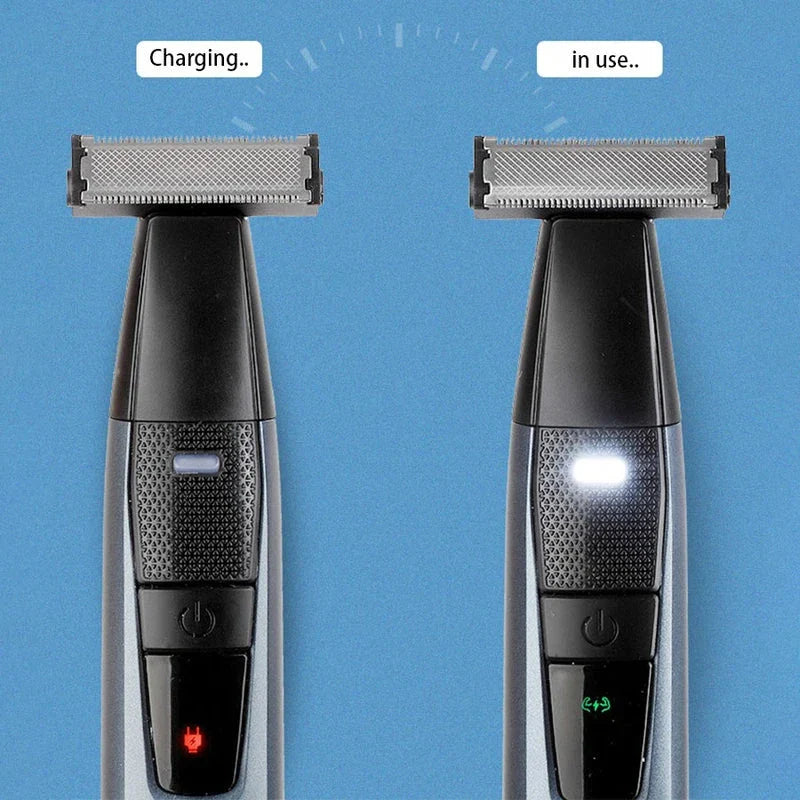 Rotary Shaver - Side-by-side comparison of two electric trimmers, one labeled charging with a red indicator, one labeled in use with its front LED lit.