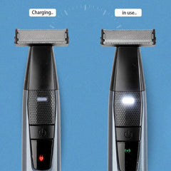 Rotary Shaver - Side-by-side comparison of two electric trimmers, one labeled charging with a red indicator, one labeled in use with its front LED lit.