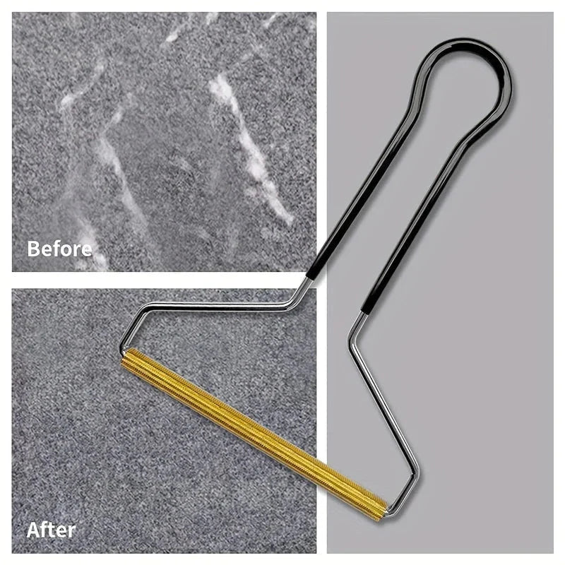 Fabric Shaver - Lint remover tool on gray background with before/after fabric swatches showing removed fuzz