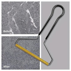 Fabric Shaver - Lint remover tool on gray background with before/after fabric swatches showing removed fuzz