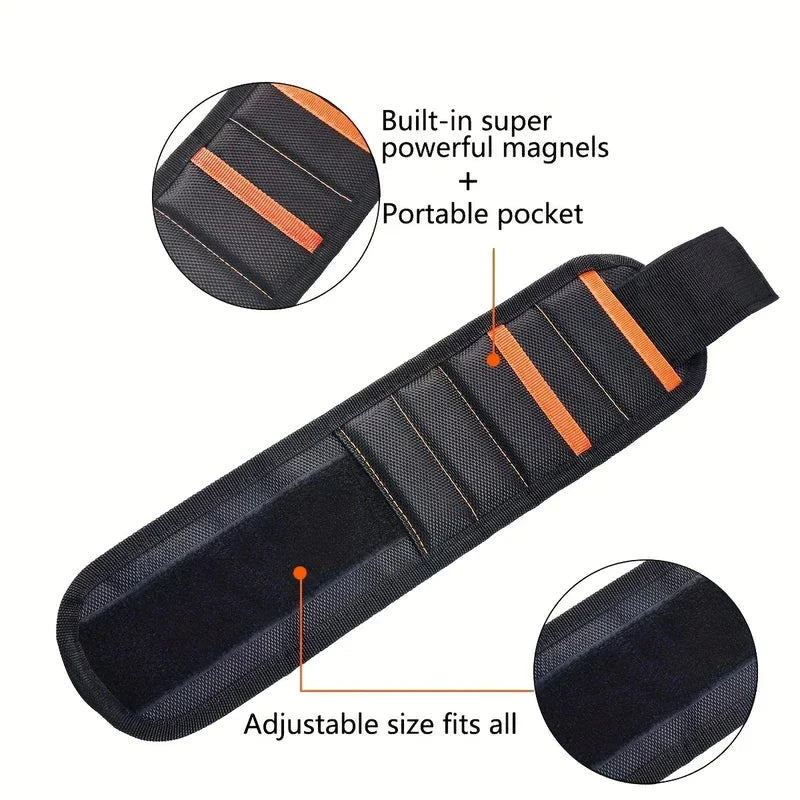 Adjustable magnetic wristband tool holder with driver bits in place