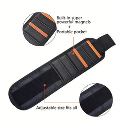 Tool Holder - Diagram of the wristband highlighting embedded magnets, storage pockets, and adjustable closure