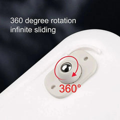 عجلات كاستر دوارة - عجلة كاستر بيضاء لاصقة مع كرة فولاذية، وسهم دوران أحمر بزاوية 360°، ونَص يقرأ 360 درجة دوران وانزلاق لا نهائي