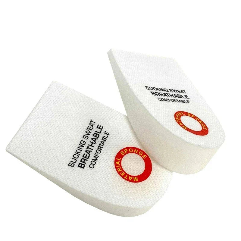 Pair of white sponge heel grips with printed text and red MATERIAL SPONGE logo, shown on white background