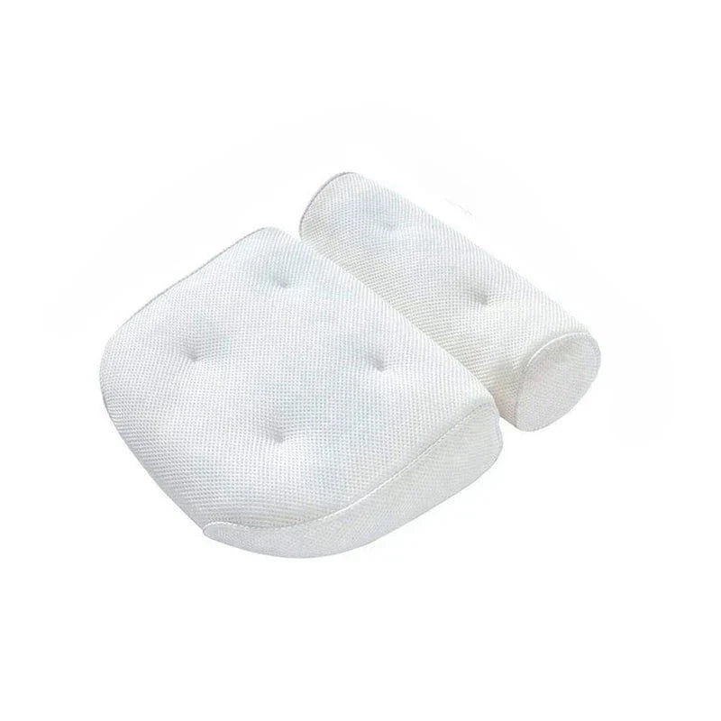 Two-piece white ergonomic bath pillow set with textured mesh surface and padded sections on a white background