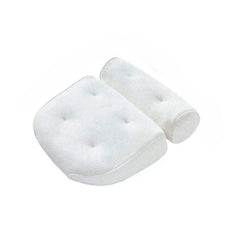 Two-piece white ergonomic bath pillow set with textured mesh surface and padded sections on a white background