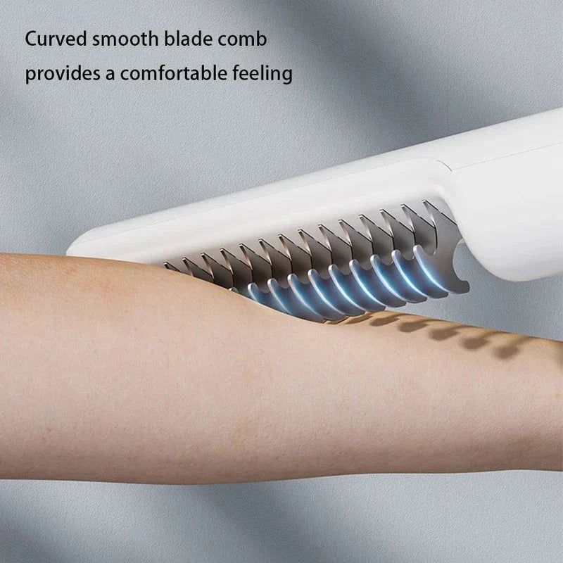 Detangling Hair Brush - Curved smooth comb teeth positioned against skin to demonstrate comfortable contact