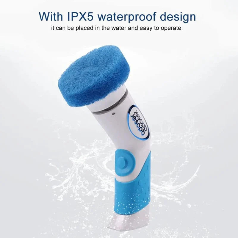 White and blue handheld cleaning brush tool against a light background with water splash effects below it