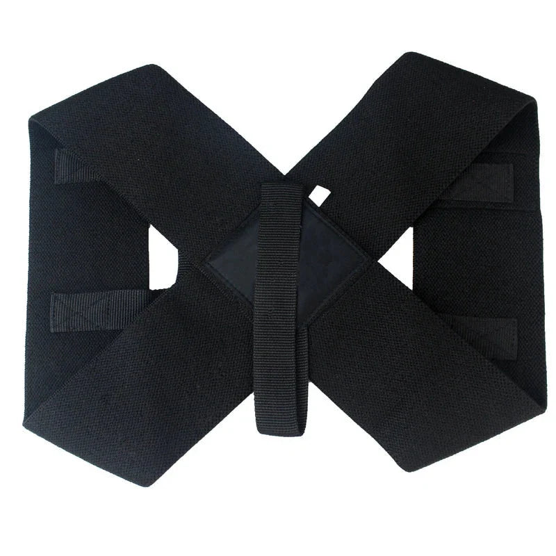 Shoulder Support Belt - Flat lay of black X-shaped posture support with central adjustment strap