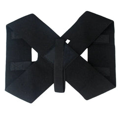 Shoulder Support Belt - Flat lay of black X-shaped posture support with central adjustment strap