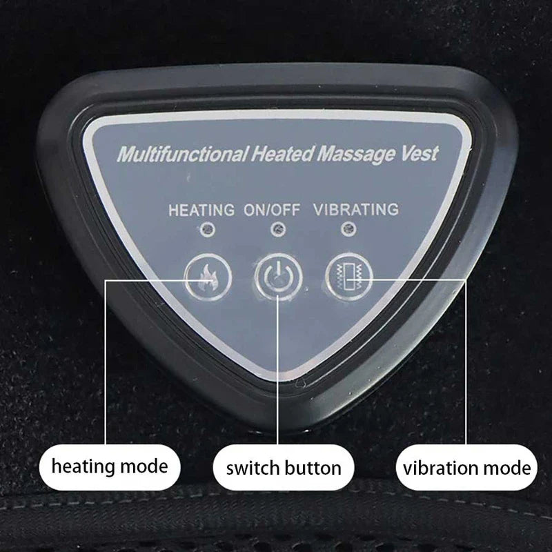 Almohadilla de soporte térmico para compresión de rodilla: primer plano de un panel de control triangular para un chaleco de masaje térmico, con botones etiquetados y luces indicadoras para las funciones de calefacción, encendido y vibración