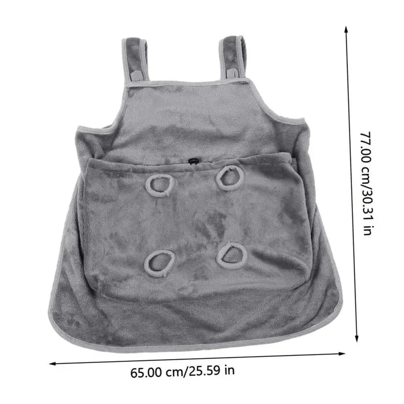 Pet Carrier Apron - Gray plush pet apron carrier with four leg holes, shown with height 77cm and width 65cm measurements