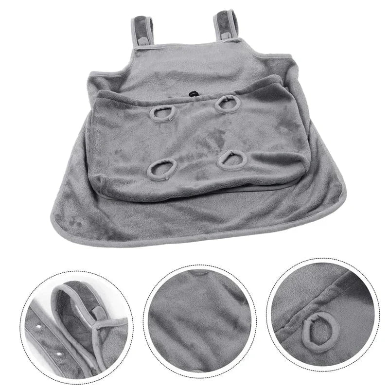 Pet Carrier Apron - Gray plush pet apron carrier with three close-up detail circles showing strap, fabric texture, and leg hole