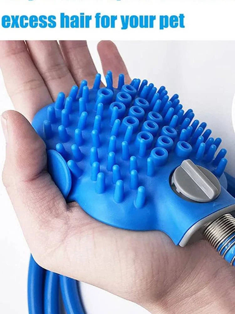 Pet Bathing Shower Sprayer Scrubber Tool - Close-up of soft silicone scrubbing bristles and on/off water control knob held in a palm