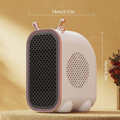 Mini Space Heater - Small white portable heater with cute animal-style design, showing width 14cm and height 16cm measurements