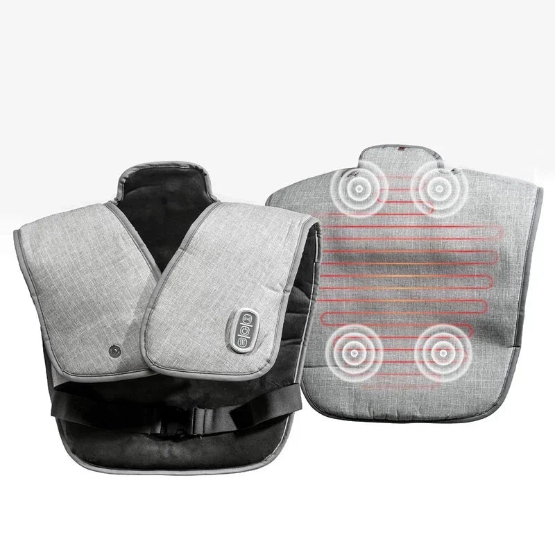 Shawl Wrap - Side-by-side view of heated vest exterior and interior heating and vibration zone diagram