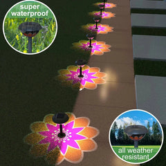 solarbetriebene wegbeleuchtung - Solar-Gartenleuchten mit Erdspieß entlang eines Gehwegs, die blumenförmige Lichtmuster projizieren, mit Hinweisen auf Wasserdichtigkeit und Wetterbeständigkeit