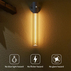 Led Panel - Wall-mounted lit cylindrical light on textured wall, with no blue light, no flicker, no glare hazard icons below