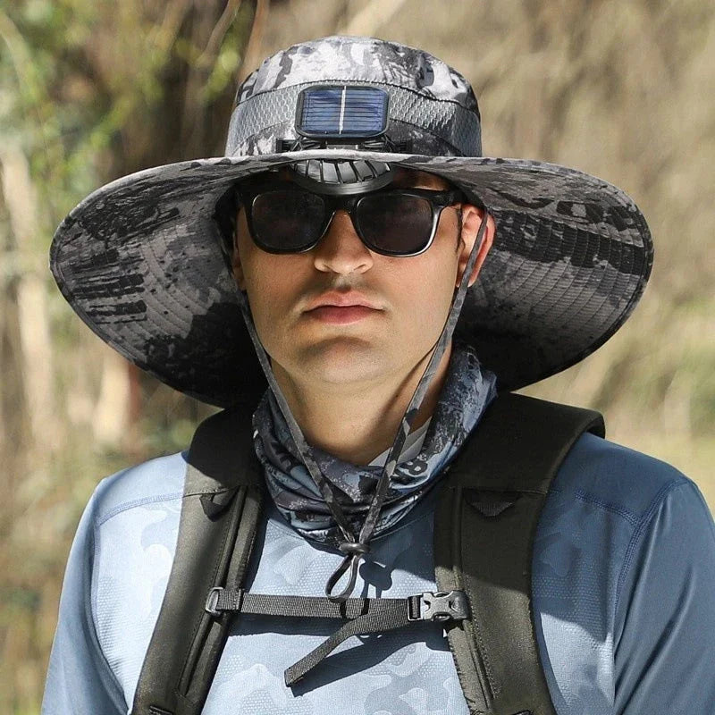 sombrero de ala ancha - Sombrero solar de ala ancha con 2 ventiladores