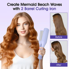 Model with mermaid waves holds a 2-barrel hair waver, with before/after straight-to-wavy hair comparison panels.