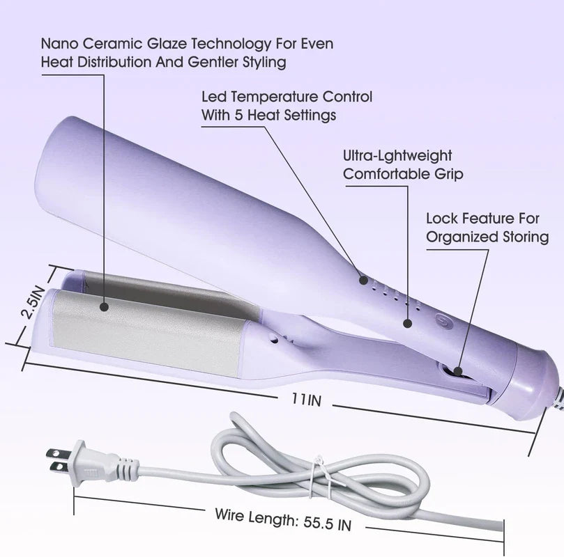 Light purple hair waver with travel pouch sits on sand, surrounded by beach items: hat, sunglasses, sandals, shell.