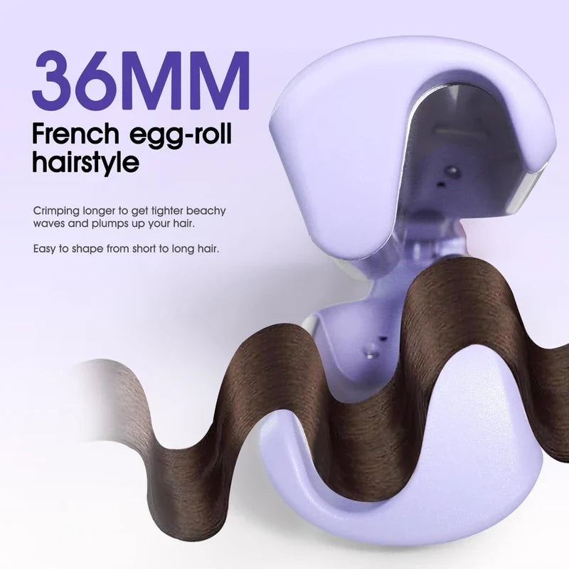 Light purple 36mm hair waver styling a strand of brown hair into egg-roll waves with text about hairstyle use