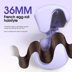 Light purple 36mm hair waver styling a strand of brown hair into egg-roll waves with text about hairstyle use