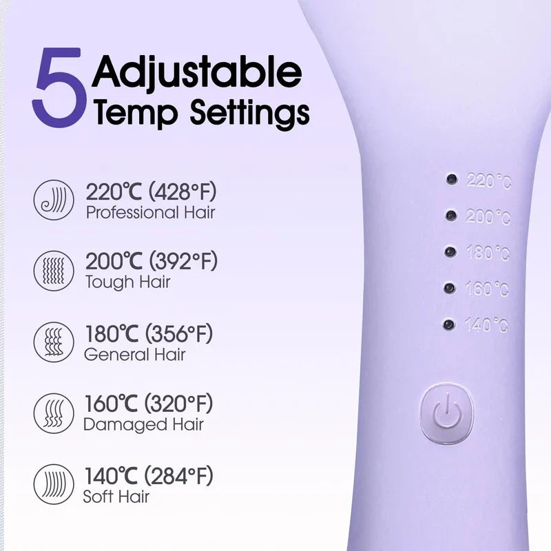 Light purple hair waver handle showing 5 adjustable temperature settings with text for each hair type