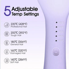 Light purple hair waver handle showing 5 adjustable temperature settings with text for each hair type
